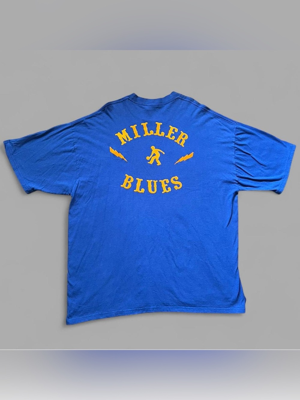 Vintage 80’s Miller Blues Blue & Yellow Retro Bowling T-Shirt. Size XL.